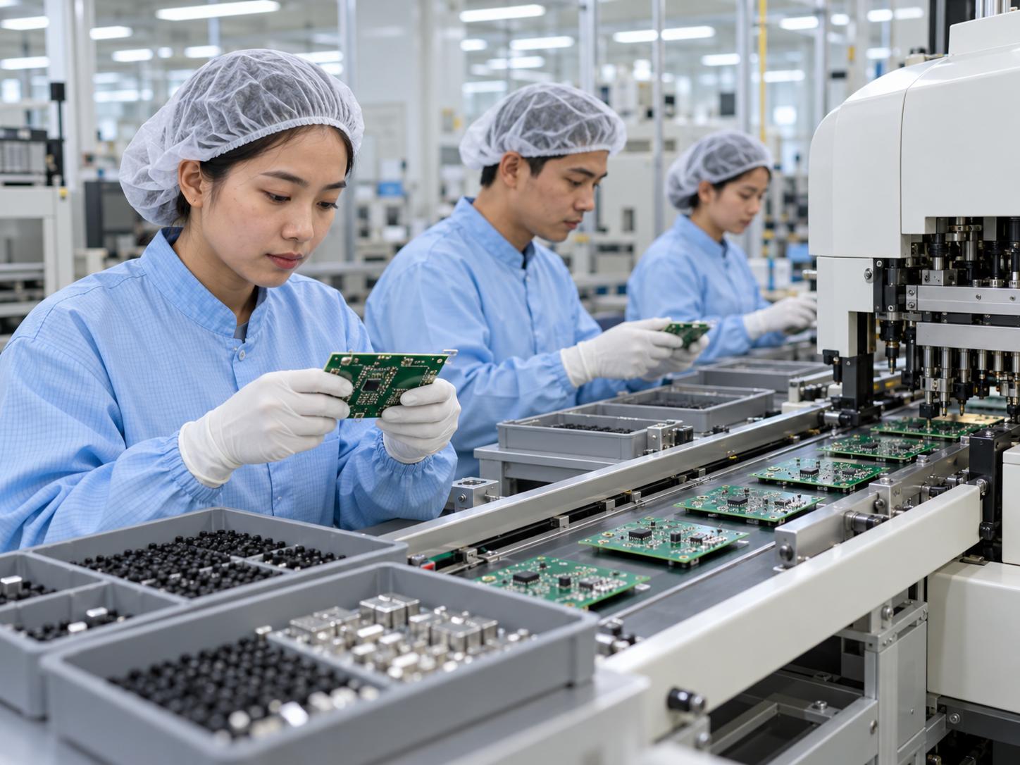 雪蘭莪投資目標900億令吉,上半年核准700億 馬來西亞電子組裝廠內,技術員在輸送帶旁檢查電路板