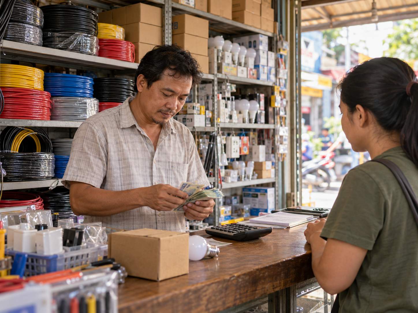 菲律賓電費恐跟著漲,披索貶到歷史新低 菲律賓街區電器材料行裡,店員在櫃台點鈔,示意用電者面對電費與物價壓力