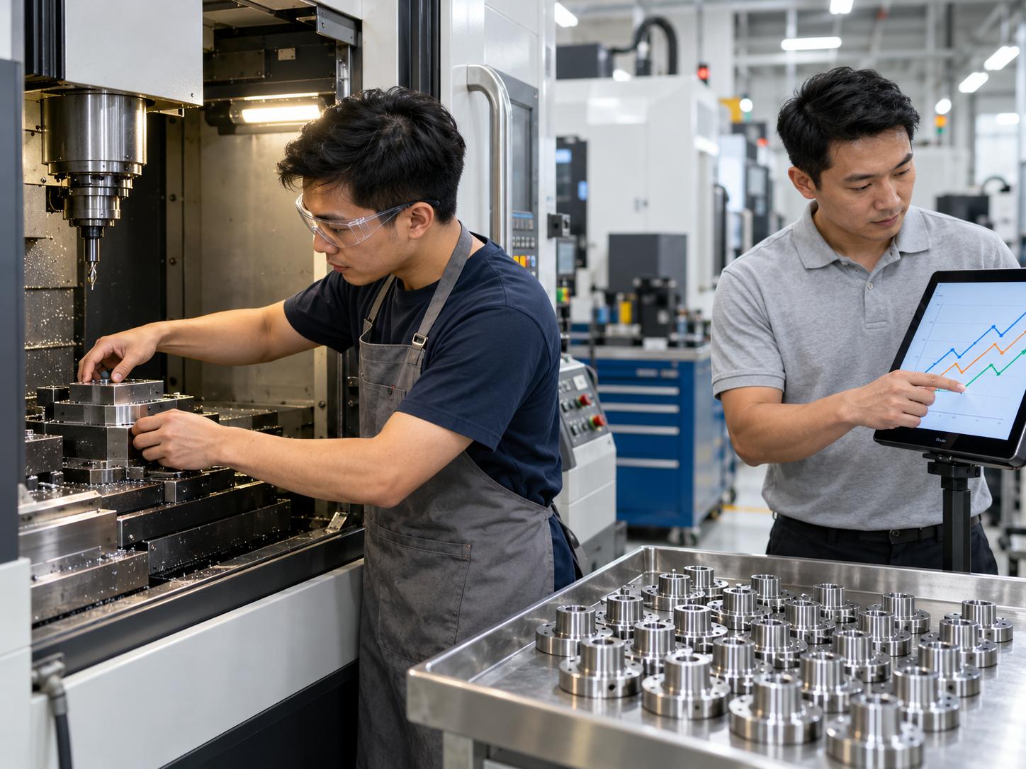 新加坡先進製造撥逾4,500萬新元,推中小企業導入AI 新加坡小型精密加工廠內,操作員在數控銑床旁,工程師看著平板上的曲線圖