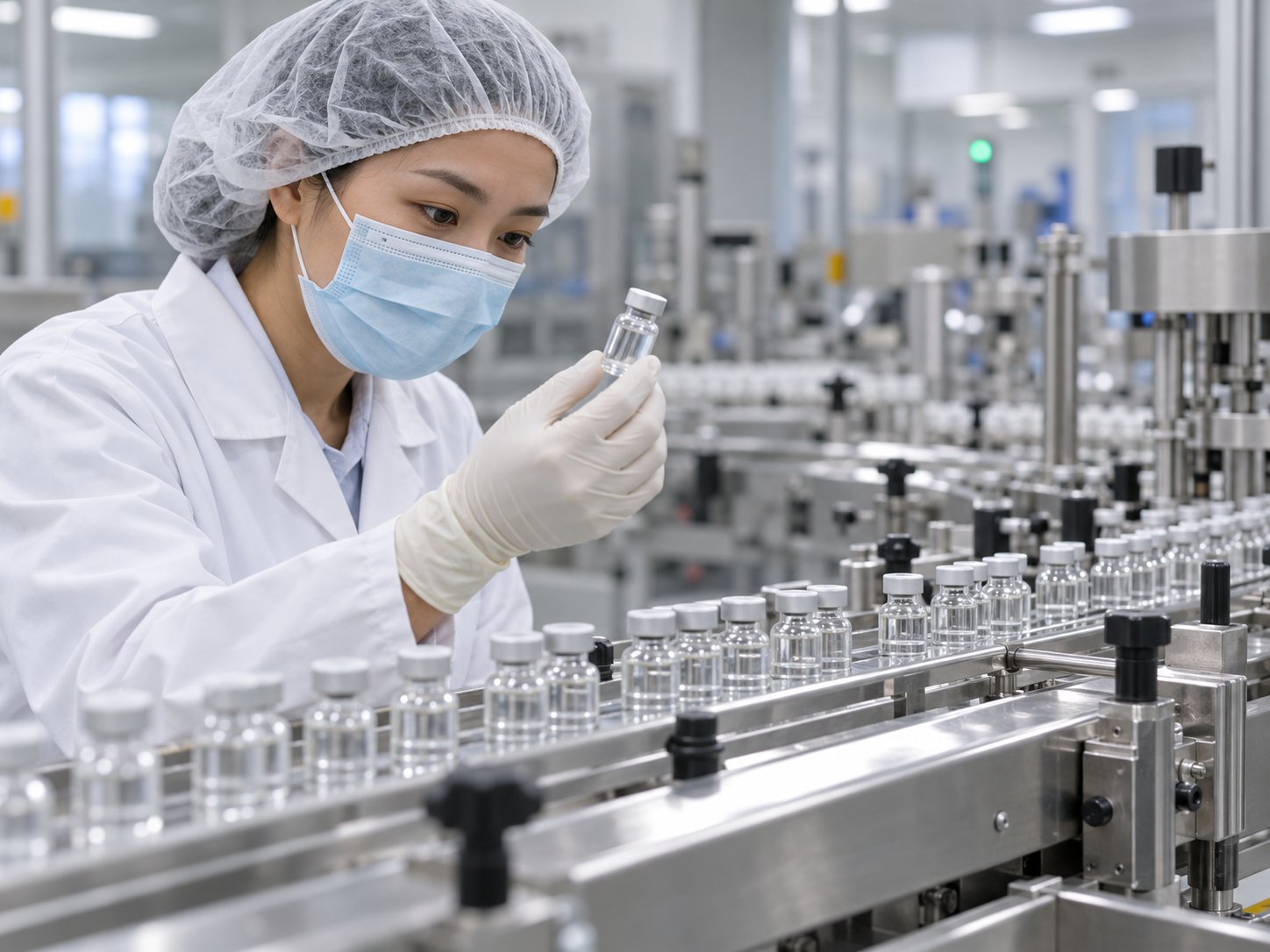 新加坡製造業9月成長放緩,精密工程與生技兩樣情 新加坡藥品包裝產線,技術員檢查輸送帶上的小玻璃瓶
