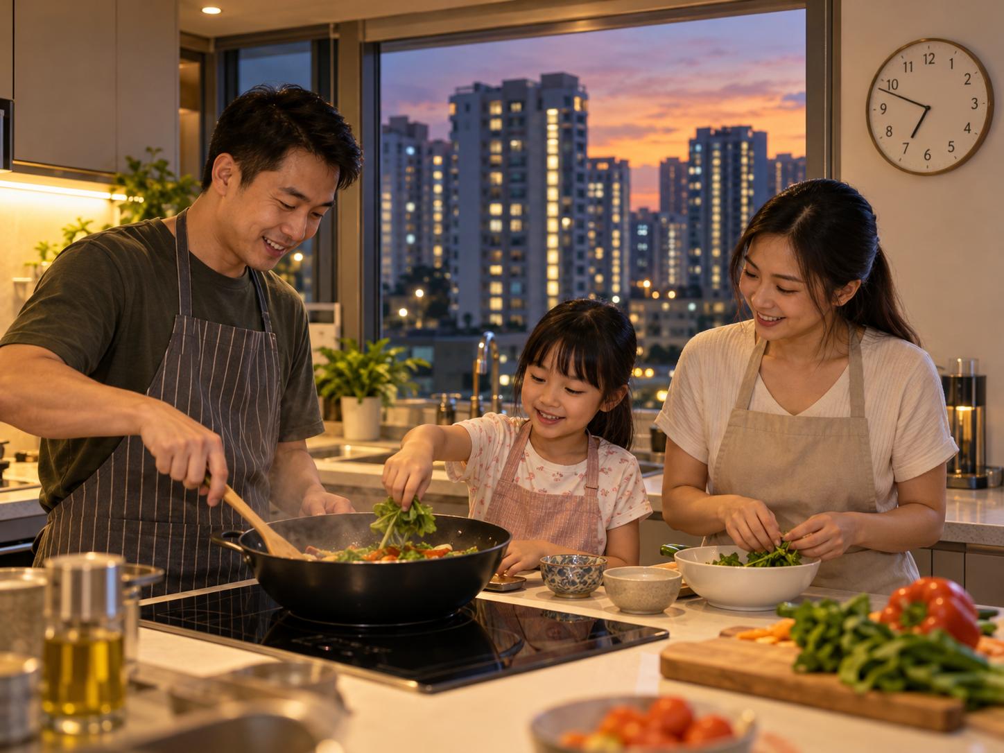 新加坡續簽卡達LNG備忘錄,採購量與期限未公布 新加坡住宅廚房,一家三口煮晚餐,窗外是亮燈的組屋大樓
