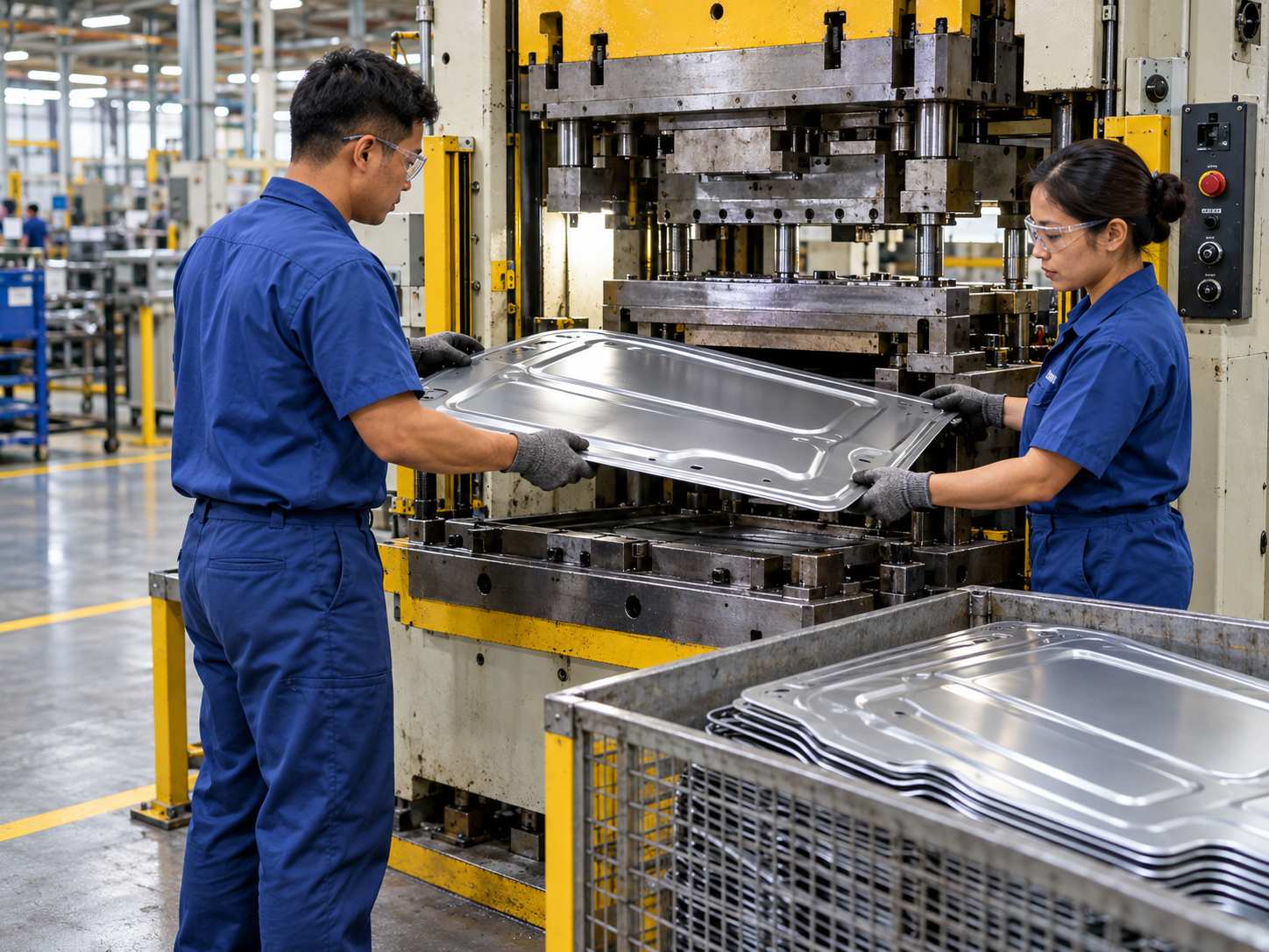 汽車零件供應商的工廠內，兩名工人操作沖壓機成形鋼板，旁邊的箱子堆著成品鈑件